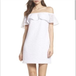 Lilly Pulitzer XS White Crochet Lace Off‎ Shoulder Dress Flounce Ruffle Mini